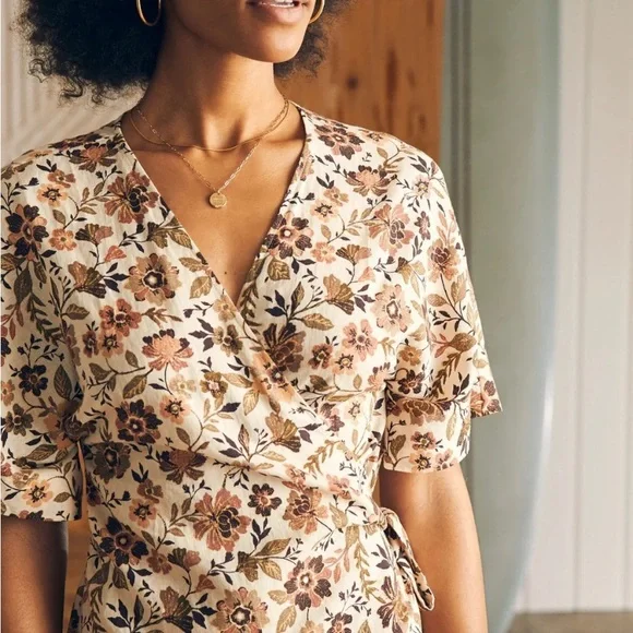 $178 NWT Faherty Willow V-neck Floral Print Linen Wrap Mini Dress size XL - Picture 2 of 12